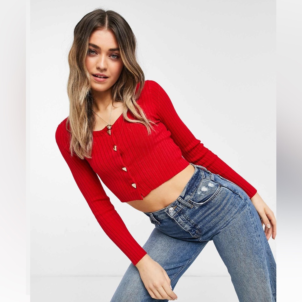Monki Valentine Aliana Red Rib Knit Cardigan Heart Buttons Gold Large NWT! $35